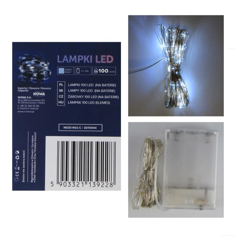 Lampki świąteczne 100LED białe zimne na baterie